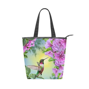 Imagem de Bolsa feminina durável de lona pequena pássaro flores rosa grande capacidade sacola de compras bolsa de ombro