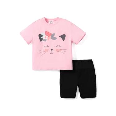 Imagem de PATPAT Conjunto de 2 peças de roupas para crianças meninas camiseta de manga curta top e estampa estampa ciclista shorts roupas de verão, Gato rosa, 7-8 Anos