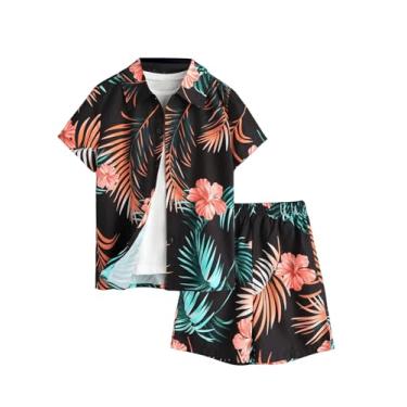 Imagem de RoseSeek Conjunto de 2 peças de camisa havaiana tropical com botões, manga curta, gola havaiana e shorts de moletom, Preto e laranja, 11Y