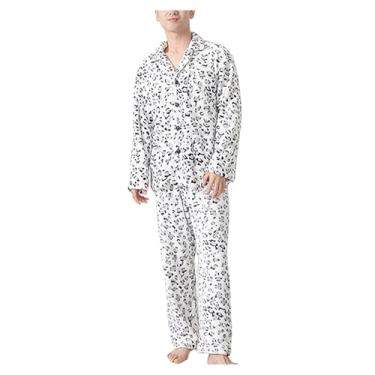 Imagem de Conjunto de pijama masculino de flanela com estampa de leopardo, conjunto de pijama com botões frontais, Branco, G