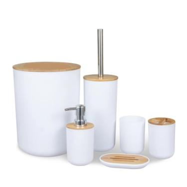 Imagem de Kit Completo De Banheiro Bambu 6 Peças Conjunto Acessórios De Banheiro Design Moderno Jogo Para Lavabo Lixeira Grande Praticidade Design Moderno (Kit Branco)