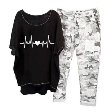 Imagem de Conjunto de 2 peças para mulheres, roupa de treino de linho de manga curta, blusa solta e calça de perna larga 2023, conjunto esportivo de duas peças, Ab1 - preto, 4X-Large