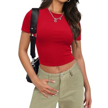 Imagem de SAMPEEL Camisetas básicas femininas gola redonda manga curta para sair tops curtos bonitos verão camisetas slim fit roupas Y2k 2024, H - vermelho, PP