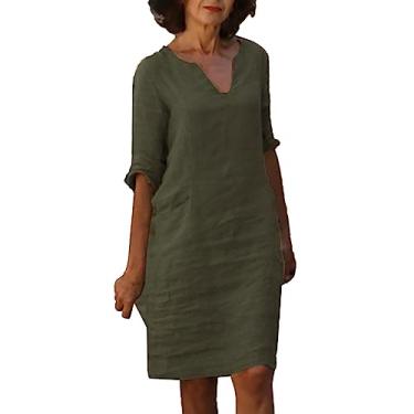 Imagem de Lainuyoah Vestido feminino com gola V Plus Size 2024 vestido de linho elegante gola V manga curta comprimento até o joelho, A-ag, XXG