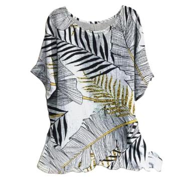 Imagem de Camisetas femininas de linho com estampa de folhas grandes gola redonda ajuste solto básico leve roupas para sair, Dourado, P