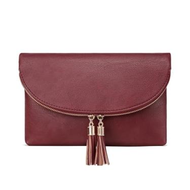 Imagem de Solene Bolsa clutch feminina com vários compartimentos, 6 compartimentos para cartão dentro, bolsa transversal com borlas, Borgonha, One_Size