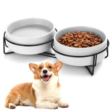 Imagem de Conjunto de tigelas de cerâmica para cães e gatos com suporte, 1,7 xícaras, ração para cães e água, adequado para animais de estimação pequenos e médios (382 g branco)