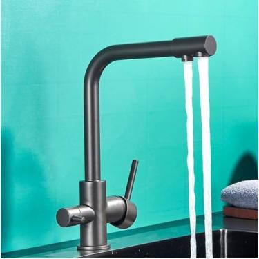 Imagem de Torneira de cozinha com filtro cromado, torneira de cozinha para água potável pura, montada no deck, alças duplas, misturador de água quente e fria de 3 vias, pistola cinza