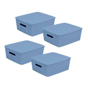 Imagem de Glad Cestas de armazenamento com tampas - Conjunto de 4 caixas de plástico empilháveis com alças - Caixas organizadoras de prateleira decorativas para banheiro e armário, azul, 8 litros