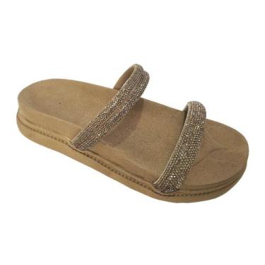 Imagem de Sandália Flatform Papete Anatômica 3 Tiras Strass Moda Pé, 35, Caramel