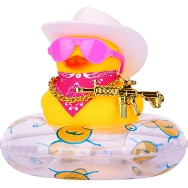 Imagem de MuMyer Pato caubói decoração painel painel anel de natação carro borracha pato decoração acessórios com mini anel de natação chapéu de cowboy cachecol colar e óculos de sol (C3-3 P branco)