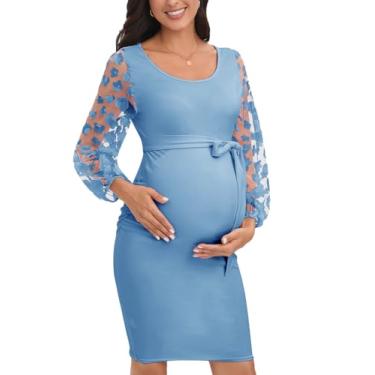 Imagem de ZIUMUDY Vestido de maternidade de manga curta com estampa de bispo floral para chá de bebê, vestido de convidado de casamento, Manga comprida - azul claro, P