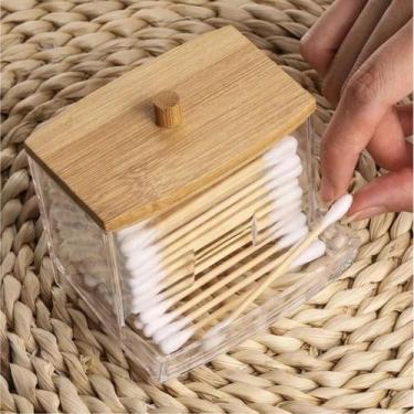 Imagem de Porta Cotonete Com Tampa de Bambu Organizador 7,5cm x 8,5cm - Pra vc 