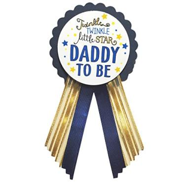 Imagem de Broche Daddy to Be Twinkle Little Star para o pai usar, azul-marinho e dourado, It's a Boy Baby Sprinkle, One Size, fita de cetim, cartolina