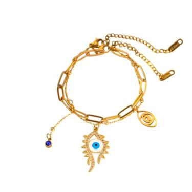 Imagem de BlingNuts Pulseiras femininas de corrente com clipe de papel e olho turco hamsa folheadas a ouro para proteção de olho turco joia sortudo olho turco, F, Aço inoxidável, Sem Pedra Preciosa