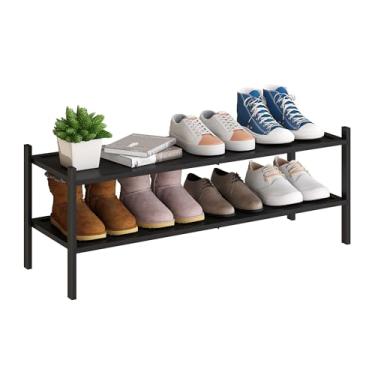 Imagem de BMOSU Sapateira estendida de bambu de 2 camadas, organizador de armazenamento de prateleira de sapatos empilhável premium para corredor, armário e sala de estar, organizador de entrada (preto)