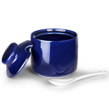 Imagem de HAOTOP Açucareiro de 227 g com tampa e colher, pote de açúcar de cerâmica, dispensador de açúcar, recipiente de açúcar, acessórios de barra de café, recipientes de bancada de cozinha (marinho)