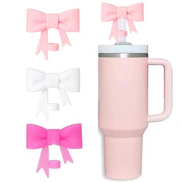 Imagem de HIUSITY Cobertura de palha de laço rosa para copo Stanley, topo de palha branco de silicone para copo com alça 1,134 g, tampa fofa de 10 mm/0,4 pol, tampas de palha reutilizáveis para acessórios