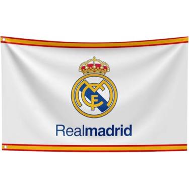 Imagem de Bandeira de futebol do Real Madrid de 9 x 1,5 m - Faixa interna/externa com 2 ilhós - Ideal para fãs do Real Madrid