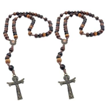 Imagem de Terço de Madeira com Contas 8mm Crucifixo Santo Sudário Medalha Entremeio Ouro Envelhecido (2 São Bento)