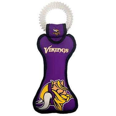 Imagem de Pets First NFL Minnesota Vikings Futebol Dental Tough Dog TUG Bone Toy com Squeaker embutido anexado a uma escova de dentes de borracha segura Brinquedo PET, cor do time, 14 x 5 (MIN-3310)