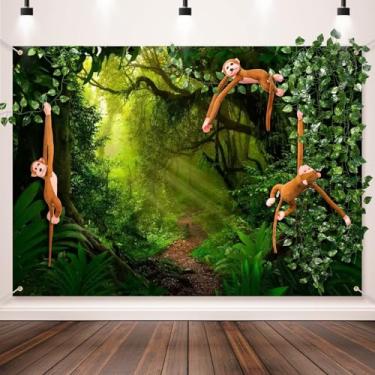 Imagem de Tingjoo Cenário fotográfico florestal da selva de 2,1 x 1,5 m, 3 macacos de pelúcia pendurados, 6 videiras falsas para pendurar na floresta tropical, cenário natural para chá de bebê, decoração de