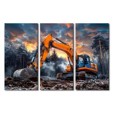 Imagem de Decoração de parede de escavadeira para escritório floresta local de construção impressão de imagem de escavadeira pesada arte de parede 3 painéis para decoração de quarto masculino esticado e