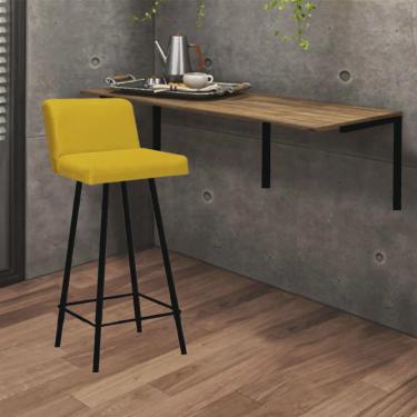 Imagem de Kit Mesa Suspensa de Parede Fixa mdf Rústico + 1 Banqueta Lexi Ferro Preto Sintético Am...