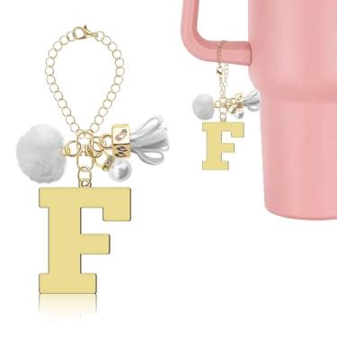 Imagem de Lukiisoo Corrente de letras com linda bola de pompom e pérola, pingentes iniciais para Stanley Cup, pingente de alça de chaveiro com borla de monograma, Ouro - F, M