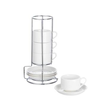 Imagem de CHILDIKE Copos de cappuccino de porcelana de 70,9 g com pires e suporte de prata, conjunto de 4 copos brancos