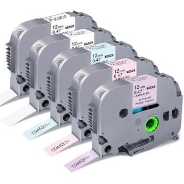 Imagem de Compatível com Brother P Touch Label Maker Tape TZe 12 mm 0,47 polegadas Recargas de etiquetas coloridas laminadas para uso para Brother P Touch Rotulador PT-D210 PT-H110 PT-1880 PT-D400, 1,2 cm x 66,2 m, pacote com 5