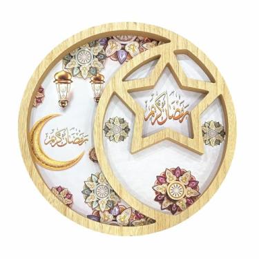 Imagem de DD-life Forma redonda com estrela e lua Salver Ramadã para servir Ramadã Bandeja de Ramadã Eid Salver Salver Salver Decorativa Salver Armazenamento de Frutas Prato de Pão Dividido Servidor de