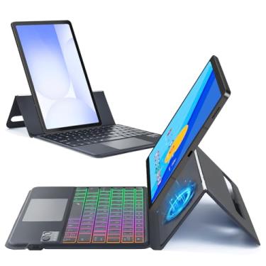 Imagem de MePadKey Capa tipo fólio com teclado Trackpad para Samsung Galaxy Tab S10 FE/S9 FE 5G 27.7 cm/S7/S8/S9 27.9 cm, capa magnética fina com teclado touchpad retroiluminado arco-íris tipo C, carregamento