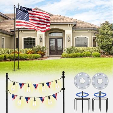 Imagem de ZMTECH 2 pacotes de mastro de bandeira resistente de 3,5 m no chão com luz solar, suporte de mastro de bandeira para exterior de casa com luz solar e base de 5 pontas, kit de mastro de bandeira para