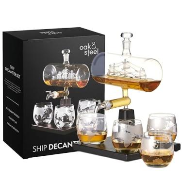 Imagem de Oak & Steel – Conjunto de decantadores de uísque de 992 g com 4 copos gravados – Dispensador de bebidas para uísque, vodca, vinho, bourbon, tequila – presente de Dia dos Pais para pai e marido e