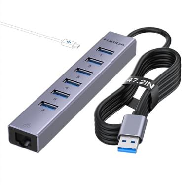 Imagem de FORIDA Hub USB de 7 portas – Hub Ethernet USB com cabo de 1,2 m de comprimento para laptop, extensor USB com porta de rede Gigabit e porta de alimentação 5V/3A, hub USB multiportas de alumínio para
