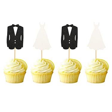 Imagem de Arthsdite 24 peças de enfeite de cupcake para noiva e noivo para vestido de casamento e smoking, chá de panela, casamento, noivado, festa de aniversário, decoração de bolo, suprimentos
