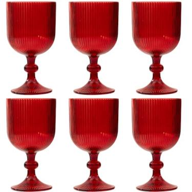 Imagem de Conjunto de 6 taças de vinho vintage vermelhas de 325 ml, copos de água de vidro colorido de 325 ml, exclusivo em relevo, vidro de haste alta transparente, para festa de casamento, copos chiques