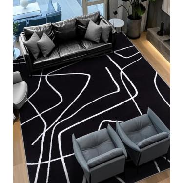 Imagem de YIHOUSE Tapete de área lavável moderno para sala de estar e quarto - Tapete grande abstrato preto e branco antiderrapante ultrafino para decoração de casa (abstrato escuro, 2,5 x 2,5 m)