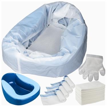 Imagem de Conjunto de frigideira com 45 forros descartáveis, 45 almofadas absorventes, 100 luvas e 1 tapete de cabeceira – Bandeja de cama para idosos, mulheres, homens e idosos – Taça de cama portátil com