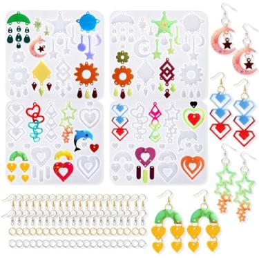 Imagem de Rifanda Brincos de resina com furo, 4 peças de moldes de brincos de resina multicamadas com 40 ganchos de brinco, moldes de silicone para resina epóxi para fabricação de chaveiros e brincos