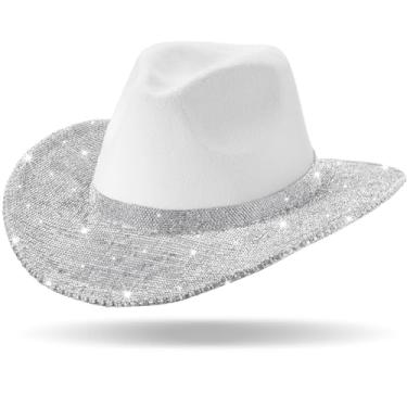 Imagem de Hercicy Chapéu de cowboy de strass com franja de diamante, chapéu de vaqueira com largura ocidental para cosplay de casamento, Branco, tamanho �nico