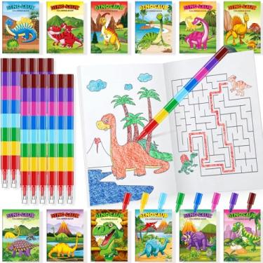 Imagem de 24 peças de dinossauro, mini livros de colorir lembrancinhas de festa com 24 gizes de cera empilháveis, decoração de aniversário, livros de desenho a granel para crianças, dinossauro, festa jurássica,