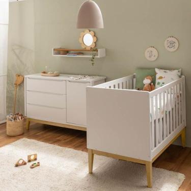 Imagem de Kit Quarto Theo com Pés Square Natural - Berço + Cômoda 3 Gavetas e 1 