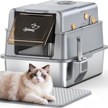 Imagem de L7 Pro-Caixa de Areia de Aço Inoxidável com Tampa, Caixa de Metal Extra Grande Extra Grande para Gatos e Gatos Grandes, Controle de Odor - Desodorizador de Areia para Gatos, Gabinete Lateral Alta com