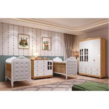 Imagem de Quarto de Bebê Gêmeos 2 Berços Capitonê Guarda-Roupa e Cômoda Maya Clá