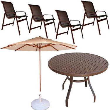Imagem de Jogo de Mesa Ripada com 4 Cadeiras Alumínio e Ombrelone para Jardim e 