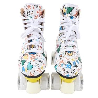 Imagem de Patins de Rolo, 24 Cm de Comprimento do pé, Resistente, Quatro Rodas, Branco, Graffiti, Sapatos de Patinação, Frenagem Rápida, Respirável, Interior, Sapatos de Skate para