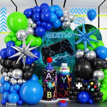 Imagem de Kit de guirlanda de arco de balão de videogame, 125 peças de balão prateado azul escuro e verde preto com balões de estrela de explosão de prata azul real para meninos, jogos, noite, aniversário, chá