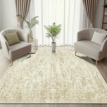 Imagem de KIRFEIHT Tapete de área de 10 x 15 cm, tapete moderno abstrato antiderrapante lavável para sala de estar, quarto e sala de jantar, tapetes de lã sintética macia para pisos de madeira, bege